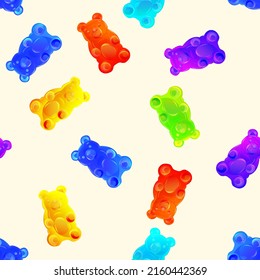 Yummy colorful gummy bears seamless pattern. Bright sweet food texture. Vector realistic illustration.