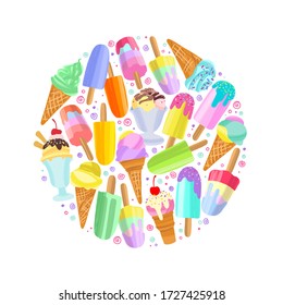 Yummy colorful ice cream hand drawn pattern round shape. Collection different Ice cream isolated on white background. Vector decorative illustration in modern flat style for web design or print.