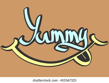 Yummy, colorful sticker with smile, calligraphy lettering, word design template, vector illustration