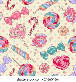 Yummy Colorful Sweet Lollipop Candy Cane Seamless Pattern With Hearts, Yellow