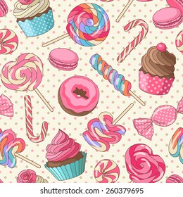 Yummy colorful sweet lollipop candy macaroon cupcake donut seamless pattern, yellow