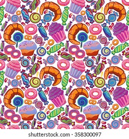 Yummy colorful sweet lollipop, candy, donuts, cupcake, dessert, croissant, bagel seamless pattern. Vector background.