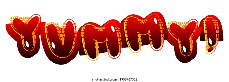 Yummy! Comic book style text. Delicious food and tasty snack, satisfaction experience related word, isolated on white background. Cartoon vector illustration for restaurant, cafe menu and shop.