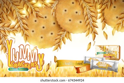 Yummy Crackers ad, close up look at naturally flavored crackers and wheats, bokeh wheat background with product package design in 3d illustration