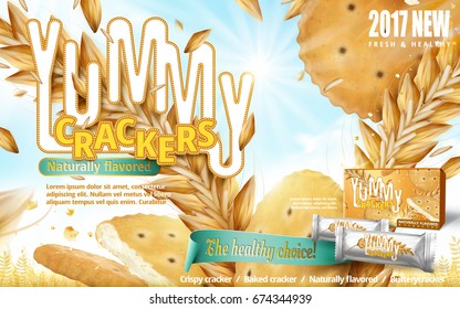 Yummy Crackers ad, close up look at original flavor crackers and wheats flying in the air, wheat field background in 3d illustration