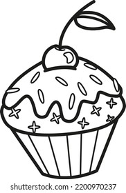 Un quequito delicioso. С repostería, muffin con icono de la línea de cerezo. La repostería. 
Colores de página deliciosa quequito con cereza y crema. Ilustración vectorial de quequitos negros sobre fondo blanco aislado. 