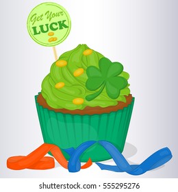 Yummy cupcake for St. Patrick's day with ribbons and good luck wishes. Background for St. Patrick's day in simple cartoon style. Vector illustration. Holiday Collection.