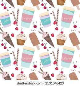 Yummy cupcakes, strawberry, muffins, ice cream and cups of coffee seamless pattern, blue background. Coffee to go.