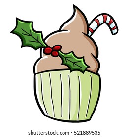 Yummy and cute chocolate cake with leafs and candy - vector.