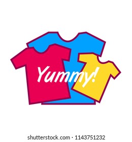 yummy, cute label, logo, background with shirt illustration, vector