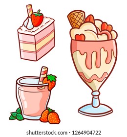Yummy and cute strawberry dessert set - vector.