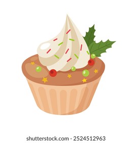 Yummy decorative cupcake gor Christmas holiday celebration isolated on white background.