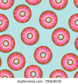 Yummy delicious donuts pattern over blue background. Vector illustration