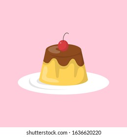 Yummy Delicious Flan With Cherry On Top Vector Illustration