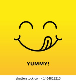 Yummy delicious taste happy smile face emoticon with tongue licking mouth. Tasty eating emoji face. Vector abstract illustration.