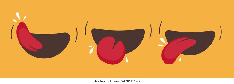 Yummy delicious tasty eat mouth with tongue icon vector graphic smile illustration set, passion lick simple element cute funny cartoon isolated image clip art