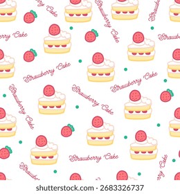 Yummy Dessert Pattern with Strawberry Cakes. Perfect for bakery design, food packaging, wrapping paper, fabric, and cute dessert-themed projects.