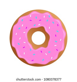 Yummy Donut. Sweet pink glazed donut, 
detailed flat style design. Vector illustration. Dessert image