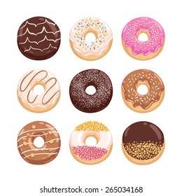 Yummy donuts illustrations set with caramel, chocolate and all kinds of glaze and sprinkles, vector illustration collection, part 2