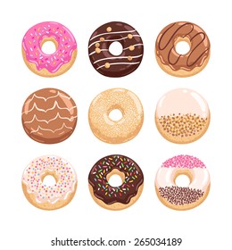 Yummy donuts illustrations set with caramel, chocolate and all kinds of glaze and sprinkles, vector illustration collection, part 1