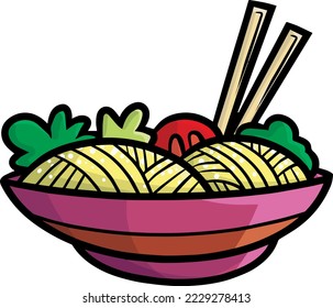 Yummy double portion noodle in a wide plate cartoon vector