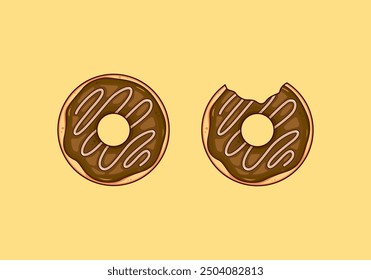 yummy doughnut and bitten doughnut with chocolate glaze top view vector illustration