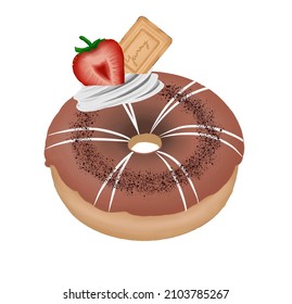Yummy Doughnut with Strawberry and Biscuit on Top Vector