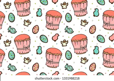 yummy Easter cakes coral glaze with colourful eggs and angels on white background seamless pattern