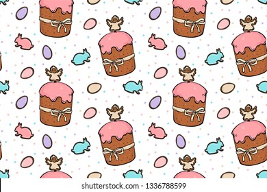 yummy Easter cakes pink glaze with colourful eggs and rabbits on white background