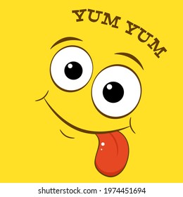 Yummy emoji. Yummy emoticon on yellow background. Inscription Yummu. Tasty food, gourmet enjoying taste, cook icon. Can be used with t-shirt, stickers, card design. Vector illustration EPS8