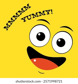 Yummy emoji. Happy emoticon on yellow background. Inscription Yummy. Tasty food, gourmet enjoying taste, cook icon. Can be used with t-shirt, stickers, card design. Vector illustration EPS8