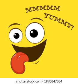 Yummy emoji. Smiling yummy emoticon on yellow background. Inscription Yummu. Tasty food, gourmet enjoying taste, cook icon. Can be used with t-shirt, stickers, card design. Vector illustration EPS8