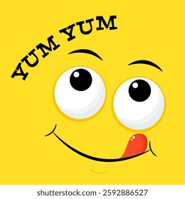 Yummy emoji. Smiling yummy emoticon on yellow background. Inscription Yum yum. Tasty food, gourmet enjoying taste, cook icon. Can be used with t-shirt, stickers, card design. Vector illustration EPS8