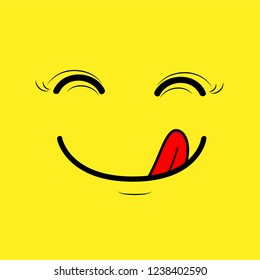 Yummy emoticon with happy smile and tongue. 
Funny hungry yummy tasting food mood logo line yellow vector isolated icon