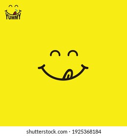 Yummy emoticon in yellow background. Poster of food. Smile logo. Cheerful emoticon. Yummy emoji