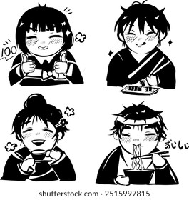 Yummy expression children icon illustration eat sushi ramen drink tea delicious 