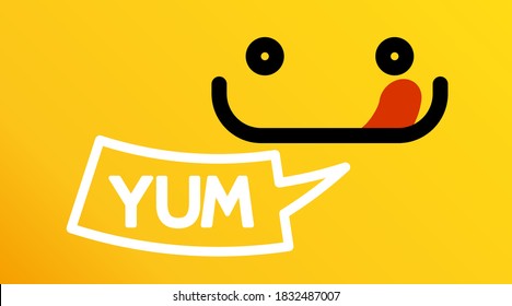 Yummy Gesicht glücklich lächelnd Vektorgrafik Linie Emoticon mit Zunge-Llick Mund. Köstlich schmeckende Lebensmittel, die Emoji-Gesicht auf gelbem Hintergrund Yum-Vektorsymbol