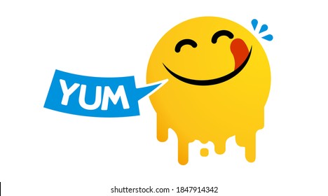 Yummy face happy smile vector cartoon line emoticon with tongue lick mouth. Delicious tasty food eating emoji face on yellow design background Yum icon vector