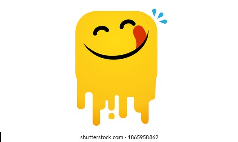 Yummy face happy smile vector cartoon line emoticon with tongue lick mouth. Delicious tasty food eating emoji face on yellow design background Yum icon vector