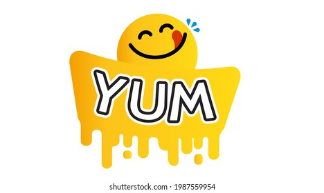 Yummy face happy smile vector cartoon line emoticon with tongue lick mouth. Delicious tasty food eating emoji face on yellow design background Yum icon vector