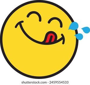 Cara deliciosa sonrisa feliz Vector de dibujos animados línea emoticono con lengua lick boca. Deliciosa comida sabrosa comiendo cara de emoji en el fondo de diseño amarillo Yum icono Vector