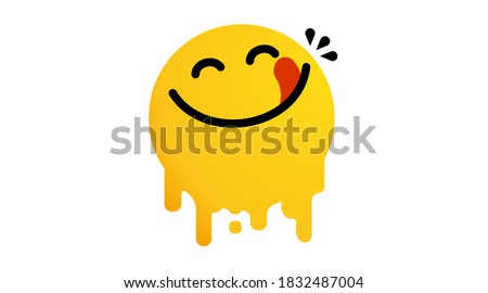 Yummy face happy smile vector cartoon line emoticon with tongue lick mouth. Delicious tasty food eating emoji face on yellow design background Yum icon vector