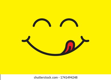 Yummy Face Smiley Icon Delicious With Tongue Lick Mouth, Tasty Food Eating Emoticon Face On Yellow Background, Smile Vector Cartoon Line Style