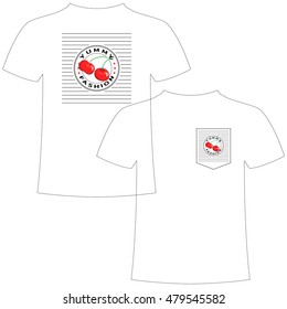 Yummy Fashion and hand drawing Cherry on background of horizontal lines in the form of square to print on t-shirt, apparel. Vector