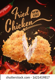 Yummy fired chicken ad with chili and flame effect on black background in 3d illustration