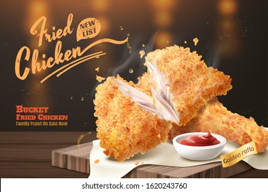 Yummy fired chicken ads with dip on wooden plate and bokeh background in 3d illustration