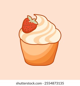 Yummy flat-style strawberry cupcake illustration with beige tones and a fresh berry on top. Perfect for food designs and recipes.
