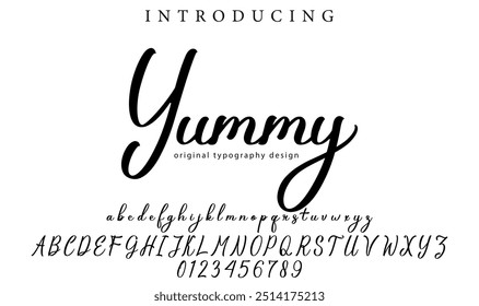 Yummy Font Pincel elegante pintado com letras maiúsculas vetoriais, alfabeto, fonte