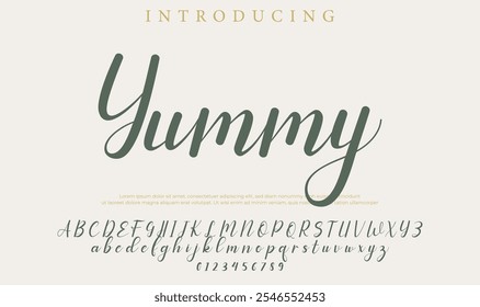 Yummy Font Pincel elegante pintado com letras maiúsculas vetoriais, alfabeto, fonte