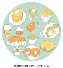 Yummy food card. Hand drawn vector illustration set for backgrounds, fabric, kitchen and cafe stuff